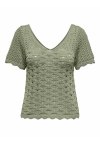 Top de punto verde claro con cuello en V, mangas cortas, patrón texturizado con detalles de calados y dobladillo en forma de concha.