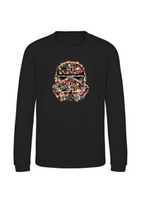 Czarny sweatshirt z kolorową grafiką hełmu szturmowca, składającą się z różnych ikon i wzorów. Długie rękawy i ściągacze na rękawach.