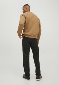 Brauner Pullover mit klassischem Schnitt, gerippten Bündchen und Saum, kombiniert mit schwarzen Hosen und schwarzen Schuhen, von hinten betrachtet.