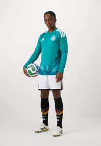 Türkisfarbenes langärmeliges Fußballtrikot mit schwarz-weißen Shorts, akzentuiert durch kräftige schwarze Socken mit roten und gelben Streifen. Hält einen mehrfarbigen Fußball.