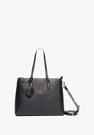 Zwarte lederen tote bag met dubbele schouderbanden, goudkleurige hardware, ritssluiting en afneembare patroonstrap. Opvallend logodetail aan de voorkant.