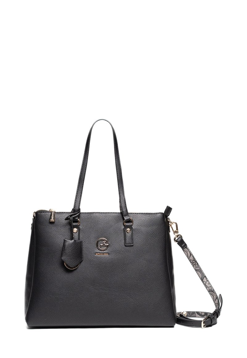 Sort læder tote taske med dobbelte skulderremme, guldfarvet hardware, lynlås lukning og aftagelig mønstret rem. Bemærkelsesværdig logo detalje på forsiden.