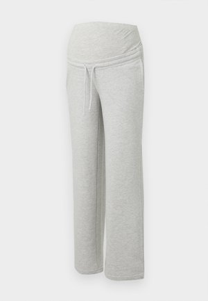 Gray cotton sweatpants with a wide, elastic waistband and drawstring. Features a straight leg design and smooth texture.