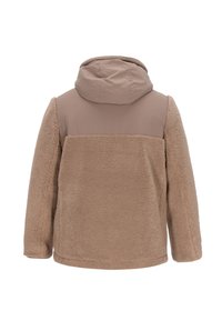 Braune Fleecejacke mit Kapuze, die einen glatten oberen Bereich und strukturierte Ärmel aufweist. Kurz geschnittenes Design mit lockerem Sitz.