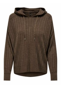 Brun ribbad stickad hoodie med långa ärmar, dragsnören och en något rundad nederkant för en avslappnad passform.