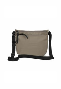 Borsa a tracolla beige realizzata in materiale resistente, dotata di una chiusura con zip, tracolla nera regolabile e forma rettangolare slim.