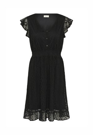 Musta pitsimekko V-kaula-aukolla, lyhyillä ristireunuksilla, napitusyksityiskohtia, joustava vyötärö ja kuvioitu helma, joka esittelee monimutkaisia geometrisia kuvioita.