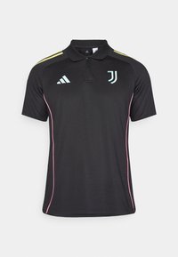 Black polo shirt with a collar, pink side piping, and light blue logos. Features three yellow stripes on the shoulders.