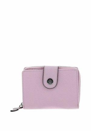 Portefeuille en cuir rose avec une surface texturée, équipé d'une fermeture pression et d'une fermeture éclair argentée. Le logo est visible à l'avant.