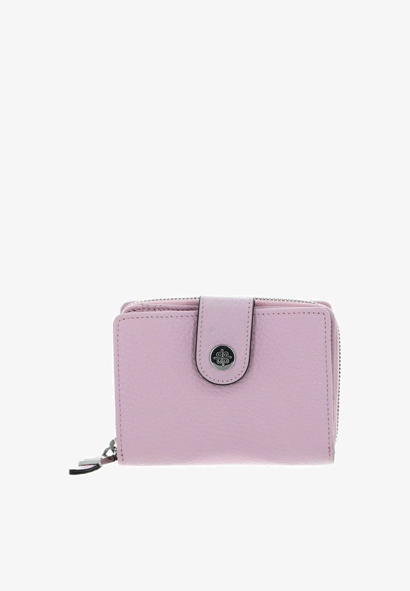Portefeuille en cuir rose avec une surface texturée, équipé d'une fermeture pression et d'une fermeture éclair argentée. Le logo est visible à l'avant.