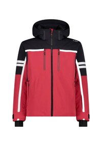 Giacca isolante rossa e nera con cappuccio, dotata di due tasche frontali con cerniera, strisce bianche sulle maniche e polsini regolabili.