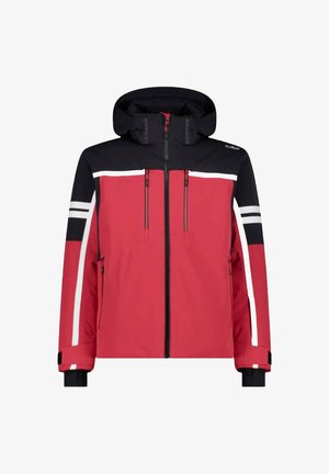Giacca isolante rossa e nera con cappuccio, dotata di due tasche frontali con cerniera, strisce bianche sulle maniche e polsini regolabili.