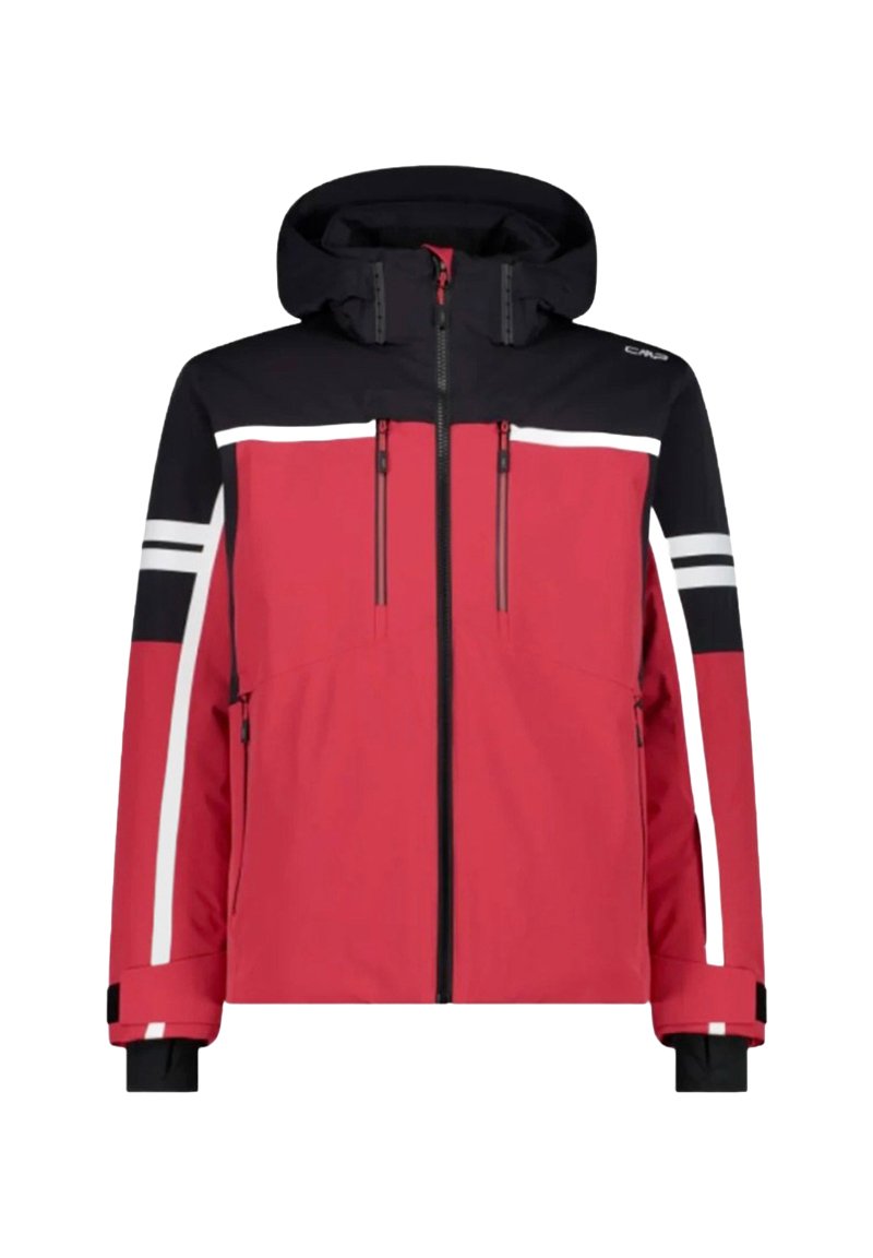 Giacca isolante rossa e nera con cappuccio, dotata di due tasche frontali con cerniera, strisce bianche sulle maniche e polsini regolabili.