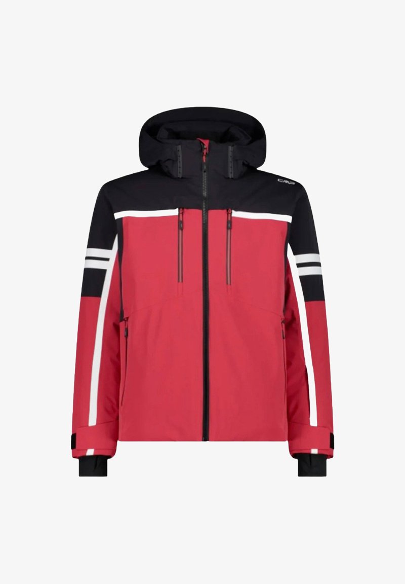 Giacca isolante rossa e nera con cappuccio, dotata di due tasche frontali con cerniera, strisce bianche sulle maniche e polsini regolabili.