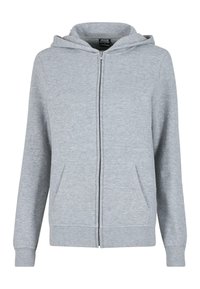 Felpa grigia con zip realizzata in un morbido tessuto testurizzato. Presenta un cappuccio regolabile con cordino e due tasche frontali. I polsini e l'orlo sono a costine.
