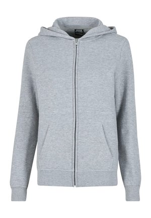 Šedá mikina na zip vyrobená z měkké, texturované látky. Obsahuje kapuci se šňůrkou a dvě přední kapsy. Rukávy a lem jsou žebrované.