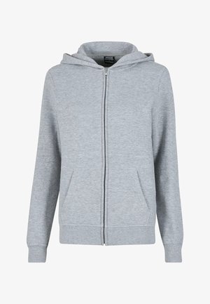 Hoodie zippé gris en tissu doux et texturé. Il dispose d'une capuche avec cordon de serrage et de deux poches avant. Les poignets et l'ourlet sont côtelés.