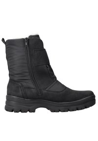 Botín negro con parte superior de cuero texturizado y nylon, que cuenta con un cierre lateral con cremallera, una correa de Velcro y una suela de goma resistente para mayor tracción.