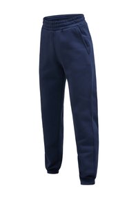 Marineblå sweatpants med elastisk talje, to sidelommer, tapered ankelmanchetter og en glat tekstur. Ingen synlige mønstre eller logoer.