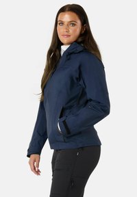 Navy blue waterproof jacket featuring a hood, zippered front, and side pockets, with a smooth texture and adjustable cuffs.