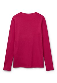 Koszulka z okrągłym dekoltem w kolorze fuksji, z długim rękawem, pokazana od tyłu na białym tle.