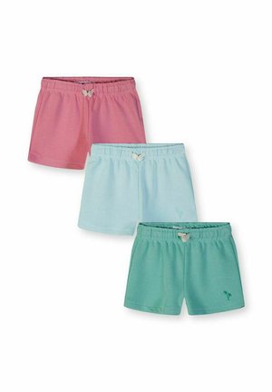 Trzy pary szortów z elastycznym pasem w kolorach różowym, jasnoniebieskim i turkusowym, każda z małą kokardką na pasie oraz detalem palmy na turkusowych szortach.