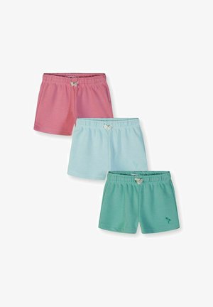 Kolm paari elastse vöökohaga lühikesi pükse roosades, helesinistes ja sinakasrohelistes toonides, igaühel väike pael vöökohal ja sinakasrohelisel palmipuuelement.