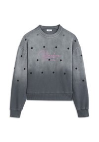 Grijze sweatshirt met een gradient patroon, zwarte stippen en een roze "Postmodern" grafiek. Zacht materiaal met ribgebreide boorden en zoom.
