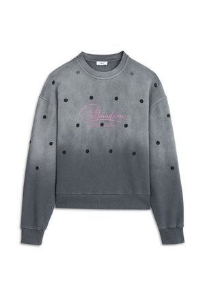 Sweatshirt gris avec un motif dégradé, des pois noirs et un graphique "Postmodern" rose. Tissu doux avec des poignets et un ourlet côtelés.