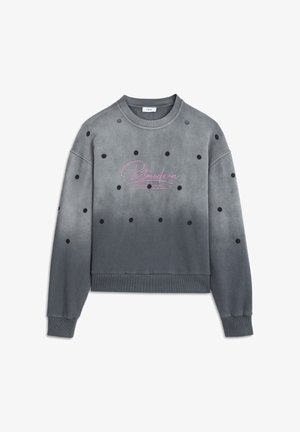 Sweatshirt gris avec un motif dégradé, des pois noirs et un graphique "Postmodern" rose. Tissu doux avec des poignets et un ourlet côtelés.