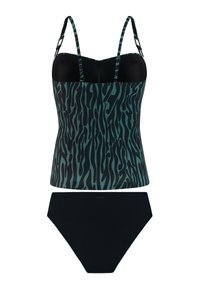 Tankini-Set mit einem anliegenden Oberteil in dunklem Teal mit animalischem Druck und verstellbaren Trägern, kombiniert mit einfarbigen schwarzen Bikinihosen.