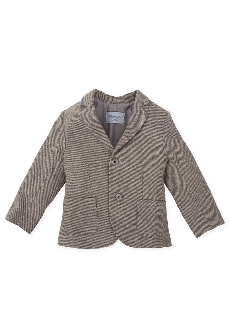Blazer marrón de espiga para niños con solapas de pico, dos bolsillos delanteros y dos botones en la parte delantera.