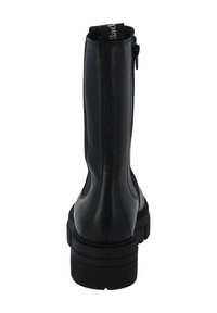 Svarta läderankelboots med en slät yta, en sidogömma och en tjock gummisula. Har en dragflik på baksidan för enkel påtagning.