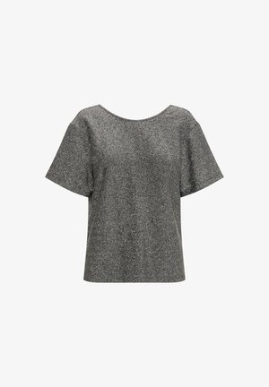 Top à manches courtes en un matériau noir et argent brillant, doté d'un col large et d'une coupe décontractée, avec une surface douce et texturée.