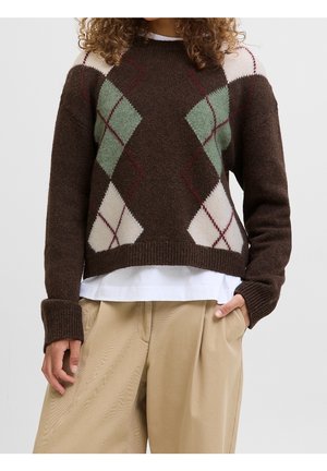 Osoba ubrana w brązowy sweter w wzór argyle z zielono-białymi diamentami, spod której wystaje biała koszula, oraz beżowe spodnie o szerokich nogawkach.