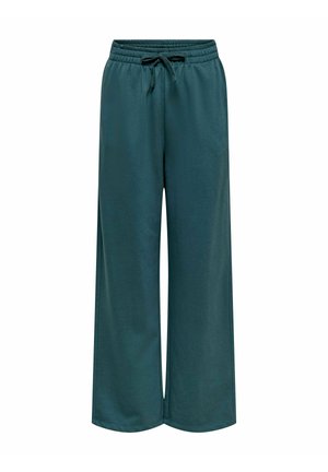 Green wide-leg sweatpants with an elastic waistband and drawstring. Made of soft fabric, featuring a smooth texture and no visible patterns.