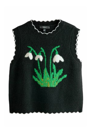Black sleeveless sweater with scalloped edges, featuring a green and white snowdrop floral pattern in the center. Soft texture.