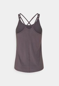 Top senza maniche in tessuto grigio scuro con spalline incrociate sul retro. Presenta un collo rotondo e una texture liscia.