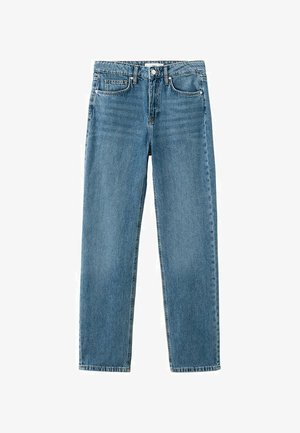 Pantalones vaqueros de mezclilla azul de corte recto con botón frontal, cremallera, trabillas para cinturón y diseño de cinco bolsillos sobre un fondo blanco.