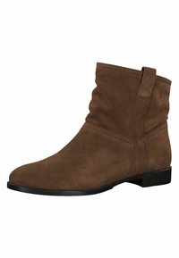 Brown suede ankle boot with a slouch design, rounded toe, minimal stitching, and a low black heel. No visible hardware or embellishments.