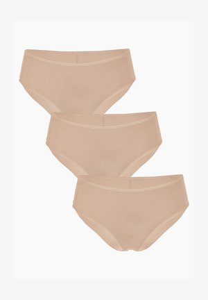 Set di biancheria intima beige composto da tre pezzi, realizzato in tessuto morbido, con un design a vita alta e bande elastiche per il massimo comfort.