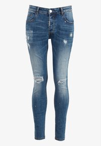 Smala jeans i medelblå denim med slitna detaljer, synliga hål och splattereffekter. Har en standardmidja och fickor.
