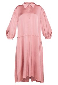 Pink satin dress with a collared neckline, long puffy sleeves, and a relaxed fit. Features an asymmetrical hemline and side pockets.