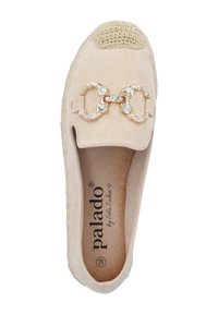 Shoe beige senza lacci con una tomaia testurizzata, dettagli decorativi in catena con strass e un accento in maglia sulla punta. Taglia 38.