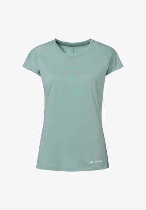 Lichtgroen sportief T-shirt met korte mouwen en ronde hals, subtiele bergillustratie op de voorkant en "VAUDE"-logo bij de zoom.