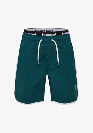 Morskie krótkie spodenki kąpielowe z białym elastycznym pasem i sznurkiem, z białymi paskami po bokach oraz małym logo na dolnej części lewej nogawki.