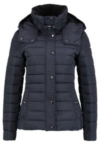 Granatowa, ocieplana kurtka z wysokim kołnierzem, odpinanym kapturem, zapięciem na zatrzaski z przodu oraz dwoma bocznymi kieszeniami.