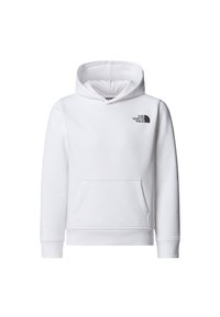 Hanorac alb cu buzunar cangur frontal, manșete și tiv ribbed, și un logo negru pe partea superioară stângă a pieptului. Material moale din bumbac.