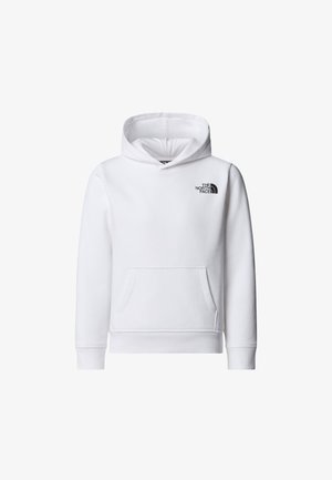 Hvit hettegenser med en frontlomme, ribbestrikkede mansjetter og nederkant, samt en svart logo på øvre venstre bryst. Mykt bomullsmateriale.