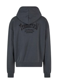 Sweat à capuche gris foncé à manches longues avec un texte gothique noir imprimé sur le haut du dos.